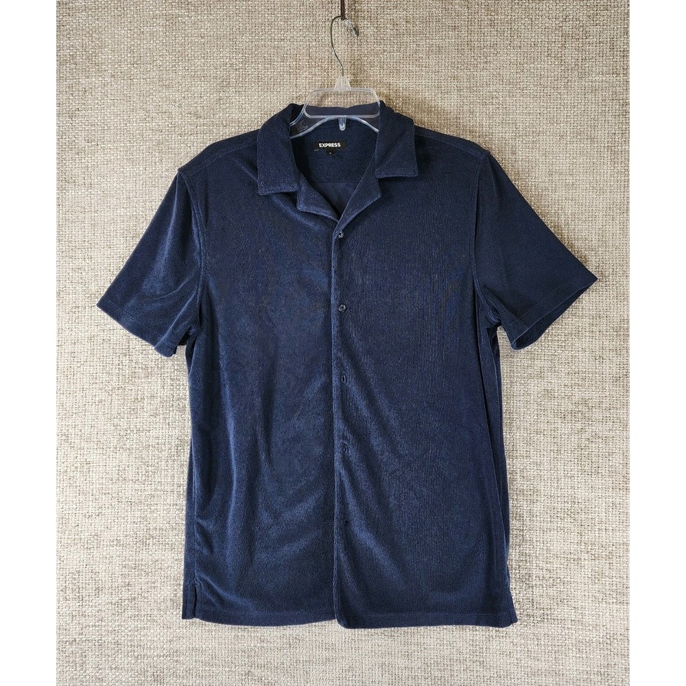 Express Terry Cloth Short Sleeve Shirt Mens M Navy Blue Button Up Beach